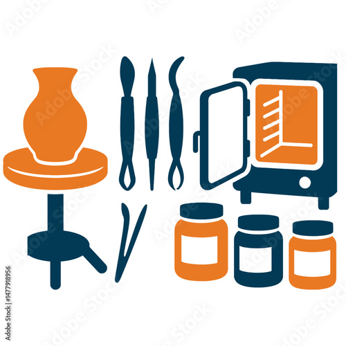 Vector set of medical icons and objects including cups, bottles, and equipment in a simple, cartoon style design
