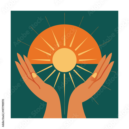 Artistic depiction of sun held in cupped hands representing growth and wellbeing