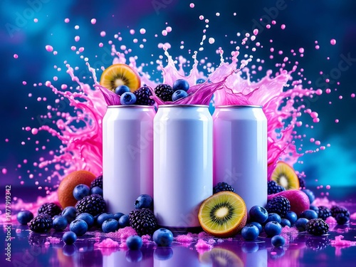 Three white cans with blueberries, kiwi, and purple splash on a blue background