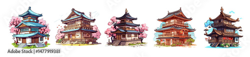 Colorful vector set of traditional Japanese pagoda buildings with cherry blossom trees. Detailed and stylized architecture illustrations.