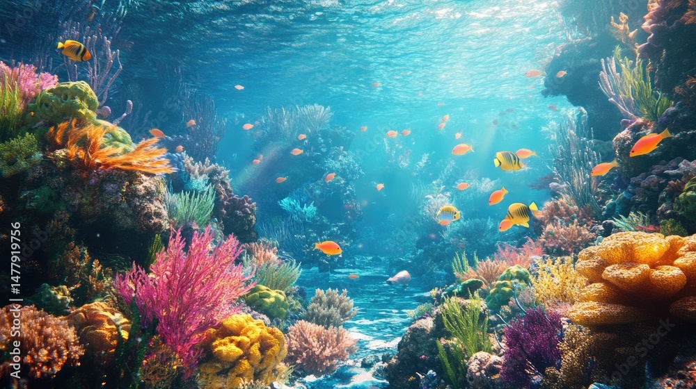 Fototapeta premium Underwater coral reef with vivid marine life, colorful corals, yellow tangs, and orange fish swimming in clear blue water illuminated by sunlight beams. Generative AI