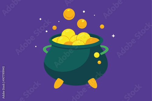  colorful cauldron filled with golden coins and glowing orbs against a deep purple background, highly detailed, whimsical, fantasy, digital illustration
