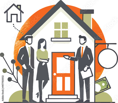 Real estate agent presenting home options to prospective buyers in a stylish illustration