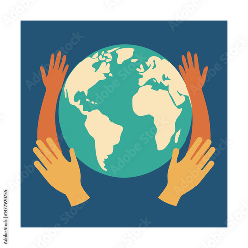 Earth surrounded by hands symbolizing unity and global cooperation against blue background