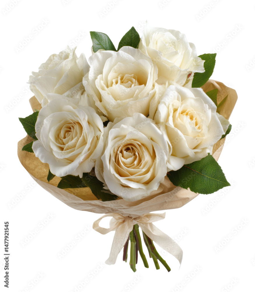 Obraz premium Elegant Bouquet of Six Creamy White Roses Wrapped in Brown Paper with Lush Green Leaves, Perfect for Weddings, Anniversaries, and Gifts, Isolated on Transparent and White Background