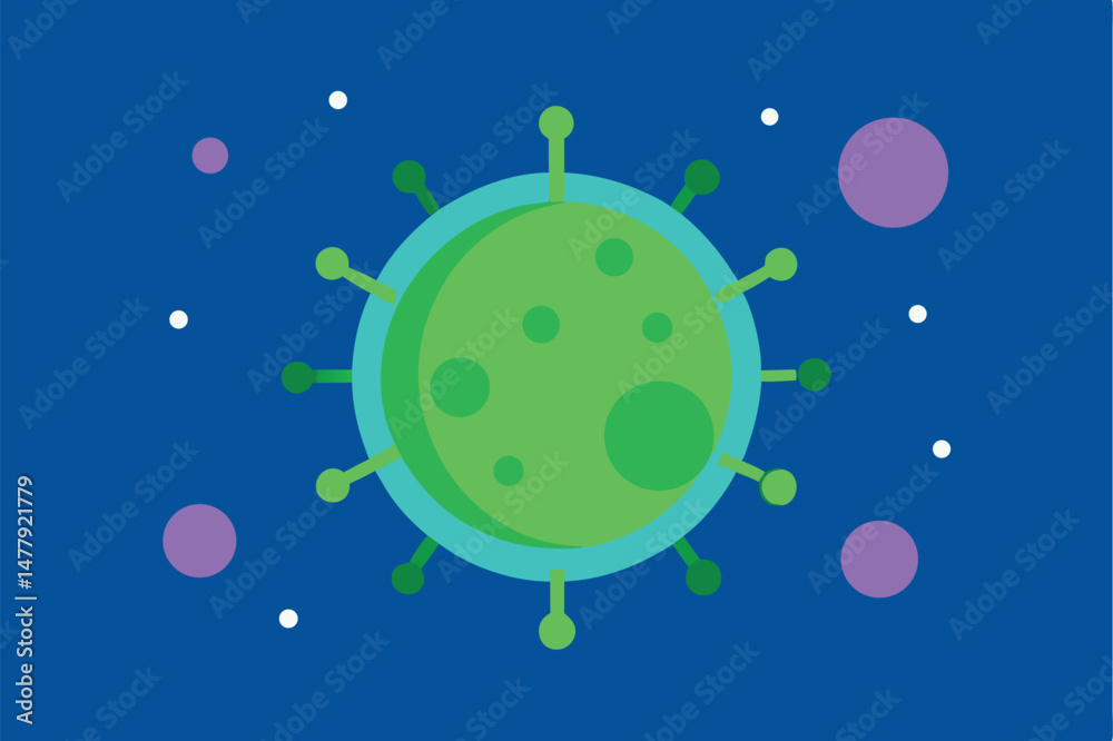 Fototapeta premium a stylized illustration of a green virus particle surrounded by colorful polka dots against a dark blue background, digital art, minimalist, flat design 