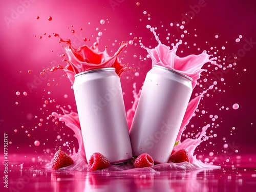Two white cans with raspberry splash and red background, one tilted