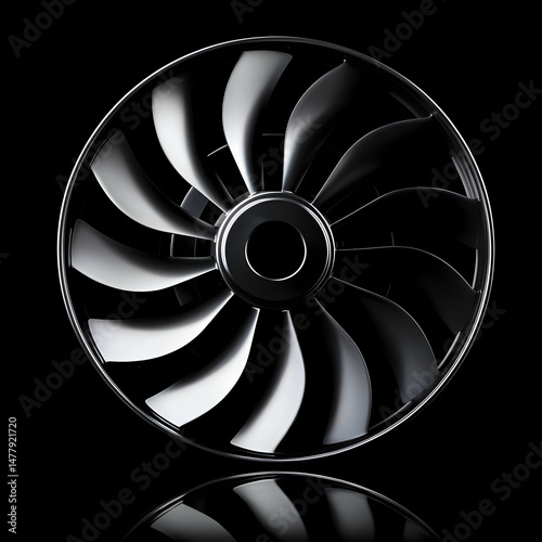 Turbine engine fan blade, industrial design, dark background, reflection, for aerospace engineering websites