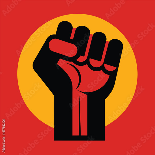 clenched fist against red and yellow background,