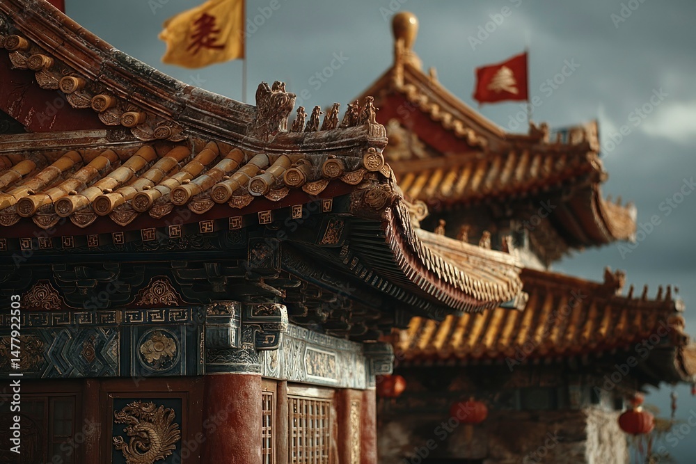 Fototapeta premium Traditional Architecture with Intricate Roof Details and Cultural Flags