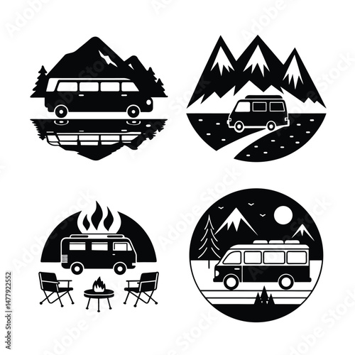 Mountain Camp with Van Under Stars Silhouette