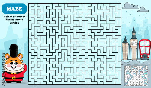 Square maze activity page for kids. Help hamster find the way to London, cartoon style