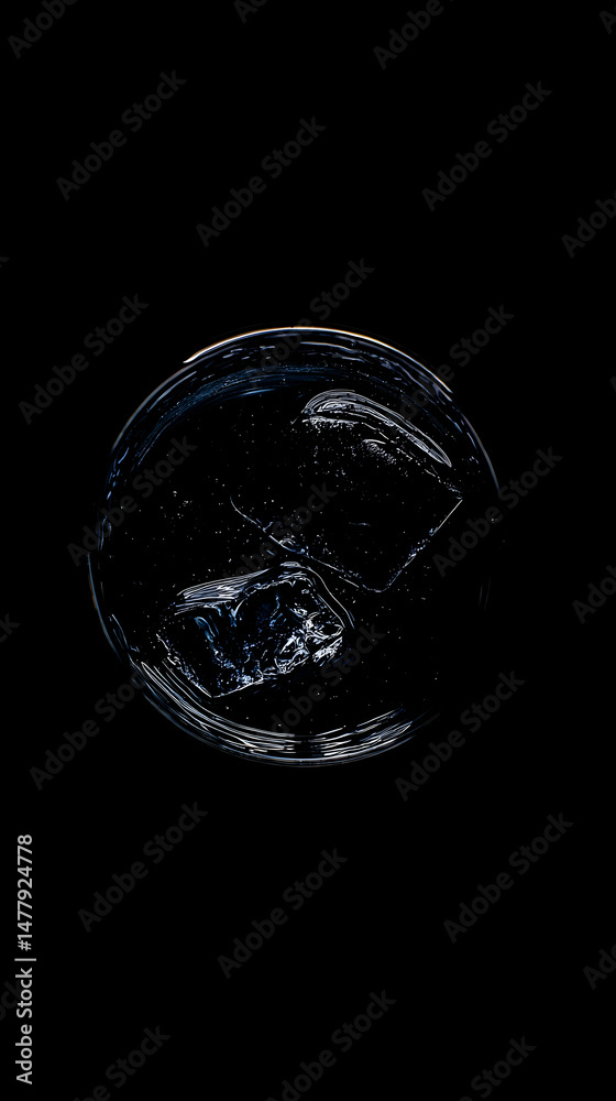 Dark liquid with ice cubes in a glass, close-up, black background, drink photography, ideal for beverage menus Dark liquid with ice cubes in a glass, close-up, black background, drink photography, ideal for beverage menus