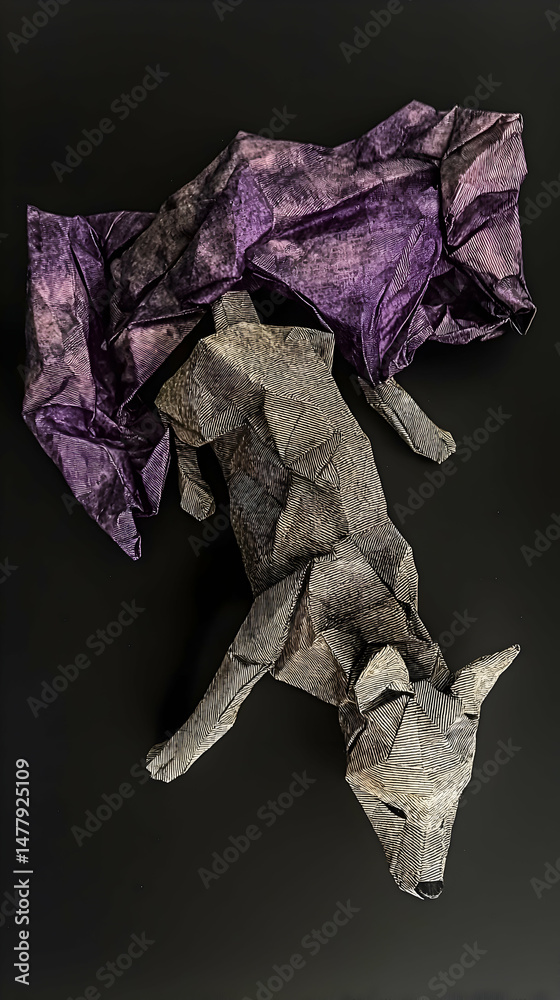 Fototapeta premium Origami wolf resting under purple fabric on dark background; art, craft, paper sculpture, animal