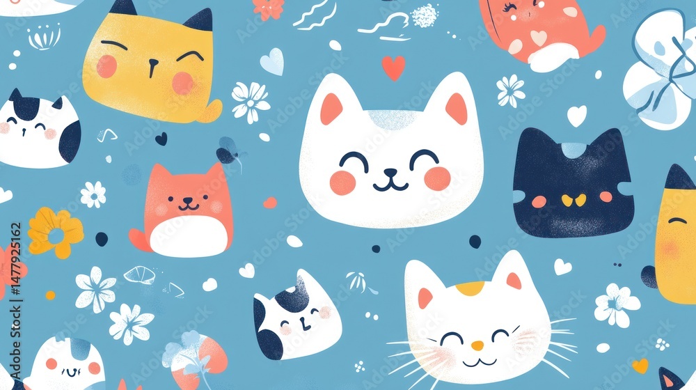 Obraz premium Cute cats and flowers pattern (5)