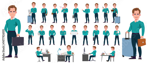 Man Character design. Front, side, back view and explainer animation poses. Character set with lip sync and facial expressions of Happy, angry, sad, Joy with Side walk cycle animation sequence sprite 