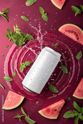 White soda can with watermelon, leafy greens, and magenta splash on dark background