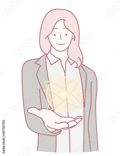 An illustration showcasing a person presenting an atom, symbolizing the fields of innovation, science, and technology