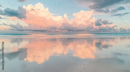 Clouds reflecting on the wet sand of the beach at dusk with a pastel colored sky above the horizon