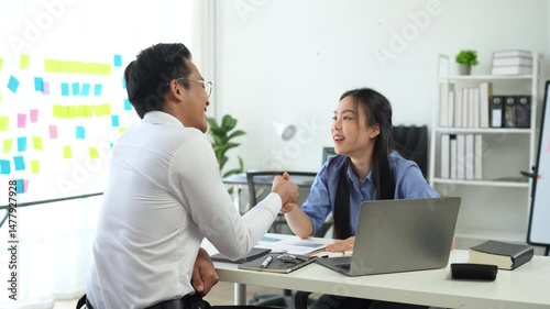 Video 4K Resolution of Two Business people meeting hand shake and smile for partnership after agreement contract deal for new investment project