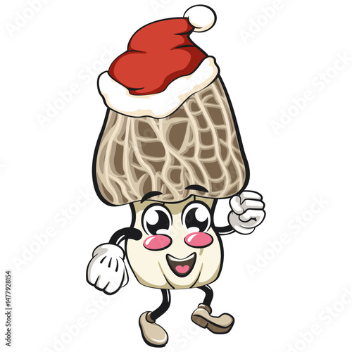 Cute Morchella mushroom vektor illustration mascot character walking while wearing a santa hat, work of hand drawn