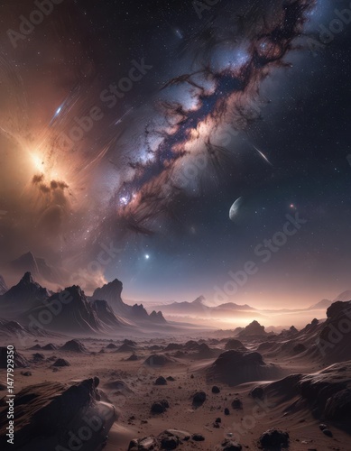 Immense galactic view, starlight scattered across cosmic dust clouds ,  stellar,  science,  galaxy