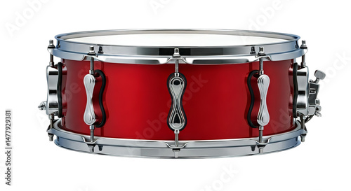 A red snare drum with chrome hardware and white drumhead isolated on a black background studio shot