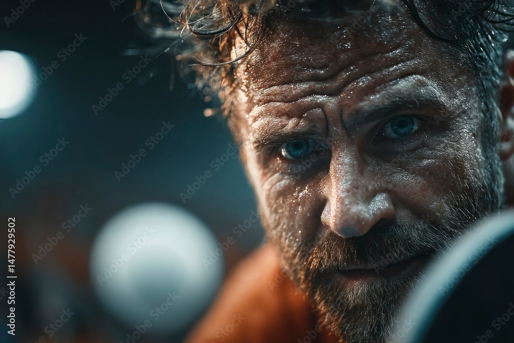 Intense CloseUp of a Sweating Man with Blue Eyes Showing Determination and Focus in a Dramati Intense CloseUp of a Sweating Man with Blue Eyes Showing Determination and Focus in a Dramati