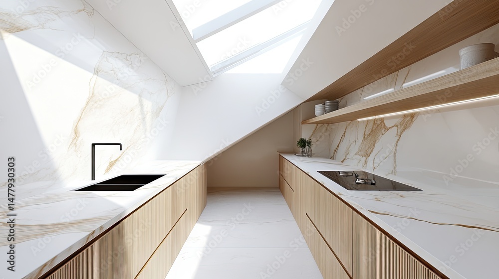 Fototapeta premium Modern kitchen interior with natural light and marble accents.