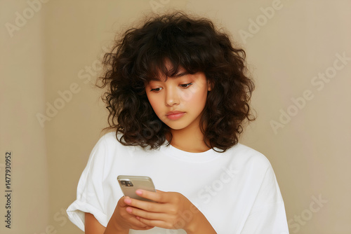 Young Woman with Curly Hair Using Smartphone