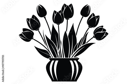 Elegant Black Silhouette of Tulips in a Vase, Floral Arrangement, Decoration