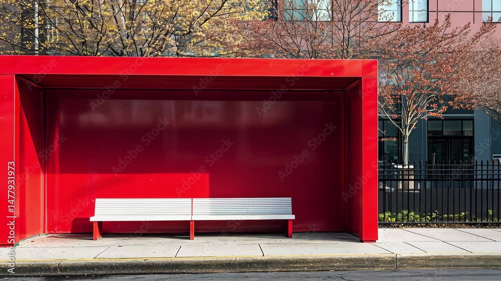 A bright red bus shelter features a white bench, situated in an urban setting surrounded by trees and buildings during daylight