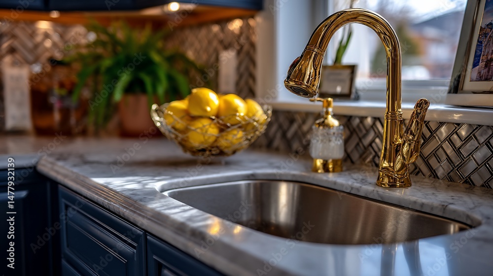 Obraz premium Gleaming gold faucet adorns elegant kitchen sink