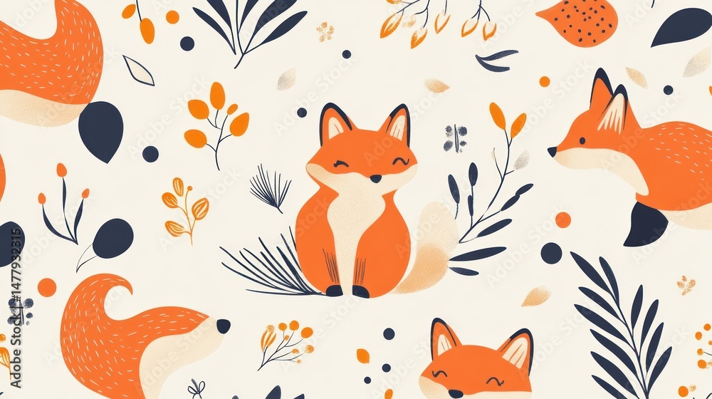 Cute foxes and foliage pattern Cute foxes and foliage pattern
