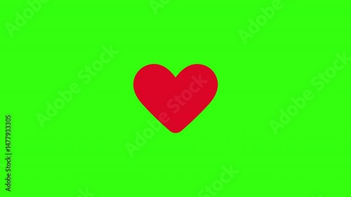 Popping red heart on a chroma green background, clean loopable animation