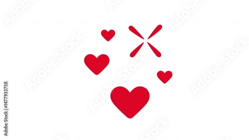 Cluster of red hearts popping on a white background, loopable animation