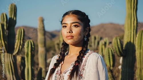 Woman with braids in a desert landscape with cacti