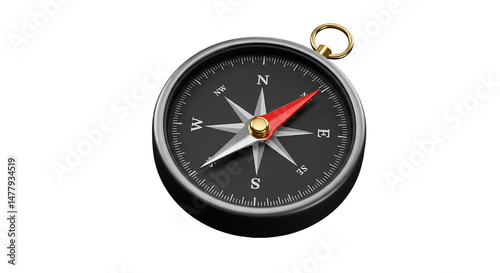 A compass with a black face and a red needle pointing north on a black background in close up view