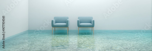 Twin azure armchairs seemingly afloat on serene aquatic expanse, evoking tranquility, World Water Day, minimalist design celebration