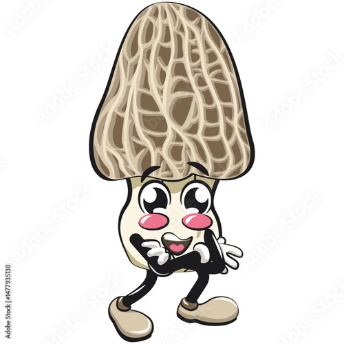 Cute Morchella mushroom vektor illustration mascot character folding his arms calmly, work of hand drawn