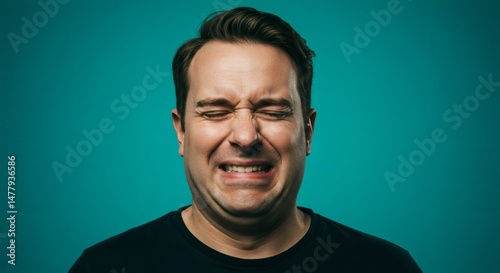 Close-up of a man's face contorted in a painful grimace against a vibrant teal backdrop.