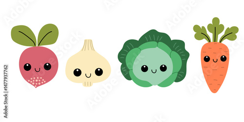 Set of vegetables kawaii illustrations in children's style. Vegetables with cute faces. Cabbage, carrot, garlic, beet.