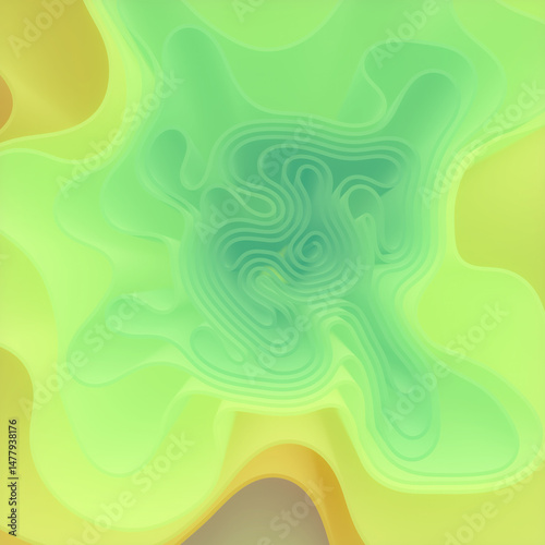 Abstract illustration of organic shapes smoothly flowing into a complex pattern. The color palette combines rich yellows, greens and purples to create a fluid effect. 3d rendering