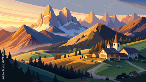  breathtaking view unfolds as the Italian Dolomites rise majestically above the serene village of Santa Maddalena. Their jagged peaks glow with soft hues of gold and pink in the morning light, paintin