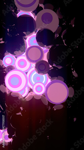 Futuristic illustration with black mirrored spheres that emit a shimmering glow. Their smooth surfaces reflect ambient light, alternating between bright highlights and deep darkness. 3d rendering