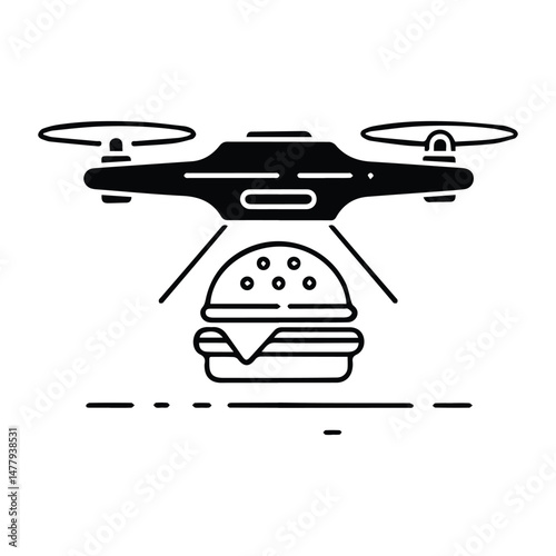 Food delivery drone with burger. Icon for design. Blank, white and black backgrounds - Line icon