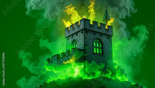 Isometric 3D Voxel Castle on Fire with Green Screen Background for VFX Purposes Showing Detailed Stone Structure Glowing Windows and Simulated Fire and Smoke Effects Ideal for Movie and Game