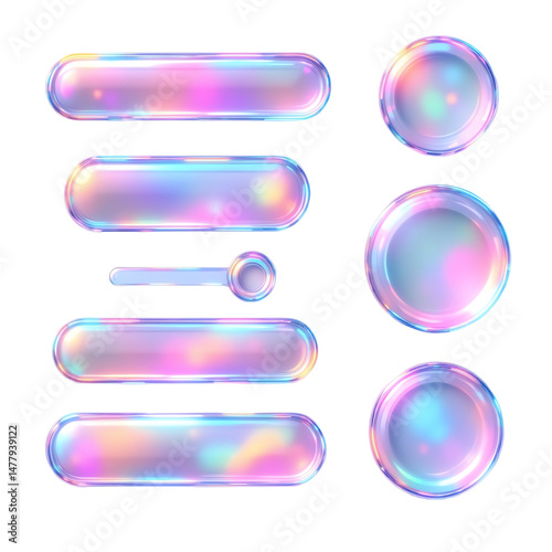 Colorful holographic buttons and shapes collection.