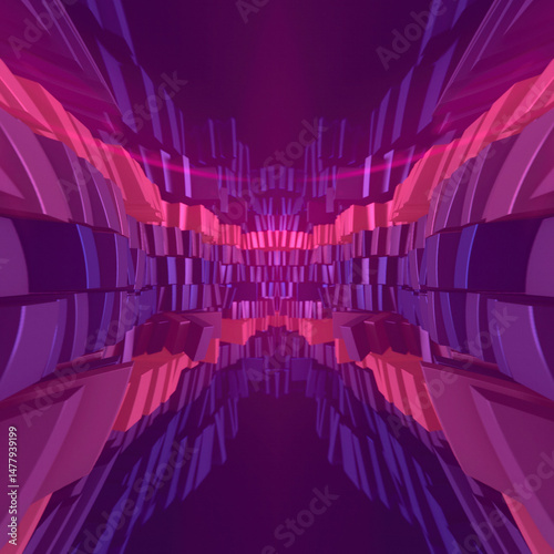 Digital illustration of a stack of colorful shiny rectangles with trendy pink and blue gradient and bright highlights. Symmetrical composition. 3d rendering