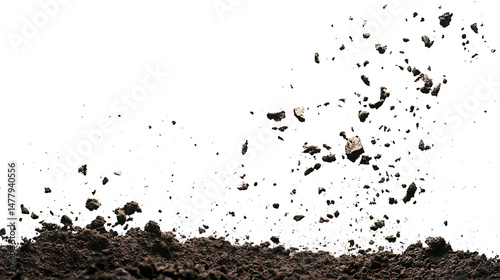 Abstract soil explosion with flying dirt clods and fine particles against clean white background for compositing